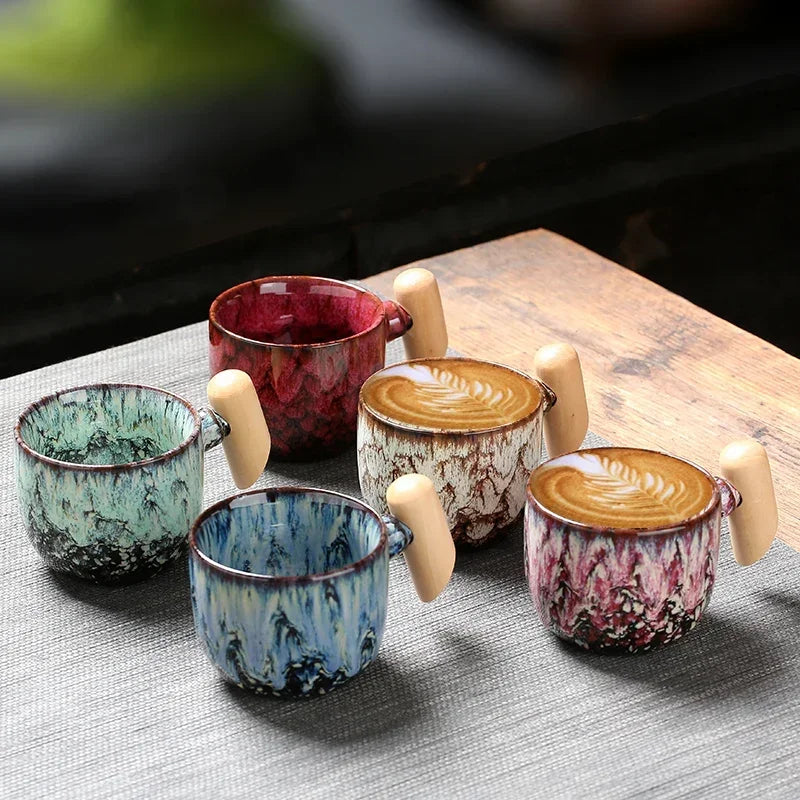 Afralia™ Ceramic Latte Mug with Wooden Handle for Coffee and Tea Menstruum