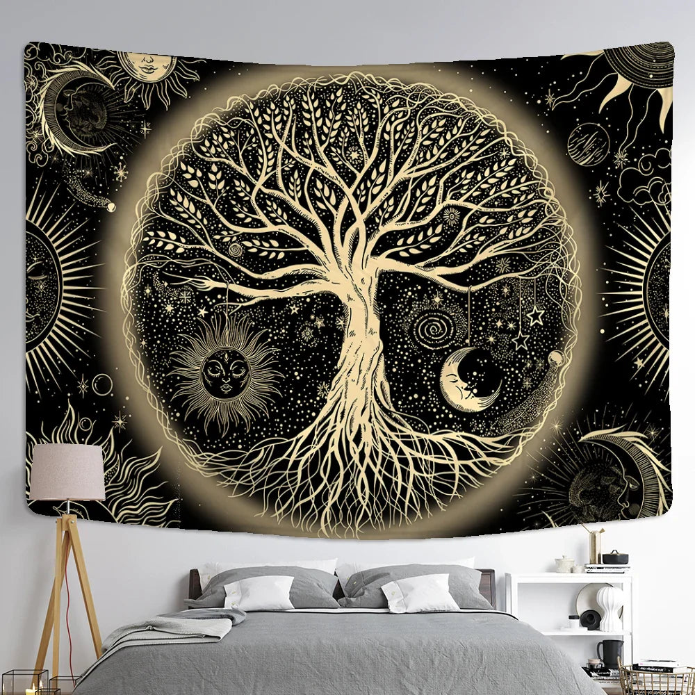 Yellow Sun Moon Life Tree Tapestry Wall Hanging Afralia™ Abstract Bohemian Aesthetics Home Decor