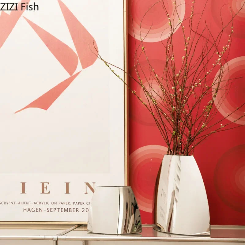 Afralia™ Silver Arc Metal Vase, Desk Decoration, Floral Vase, Room Decor Aesthetic