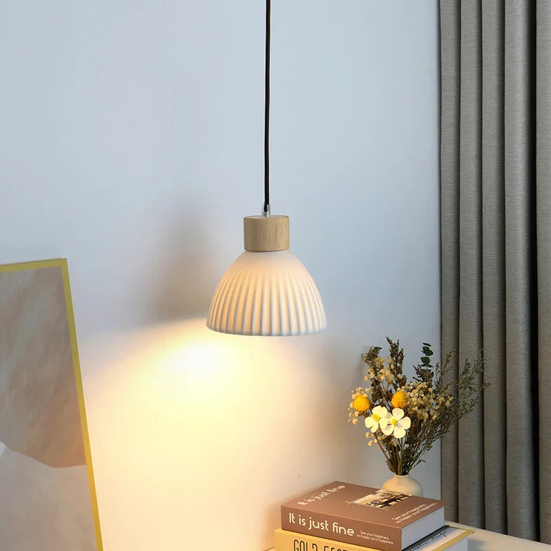 Afralia™ Wood LED Pendant Lamp White Ceramic Ball Hanging Lights