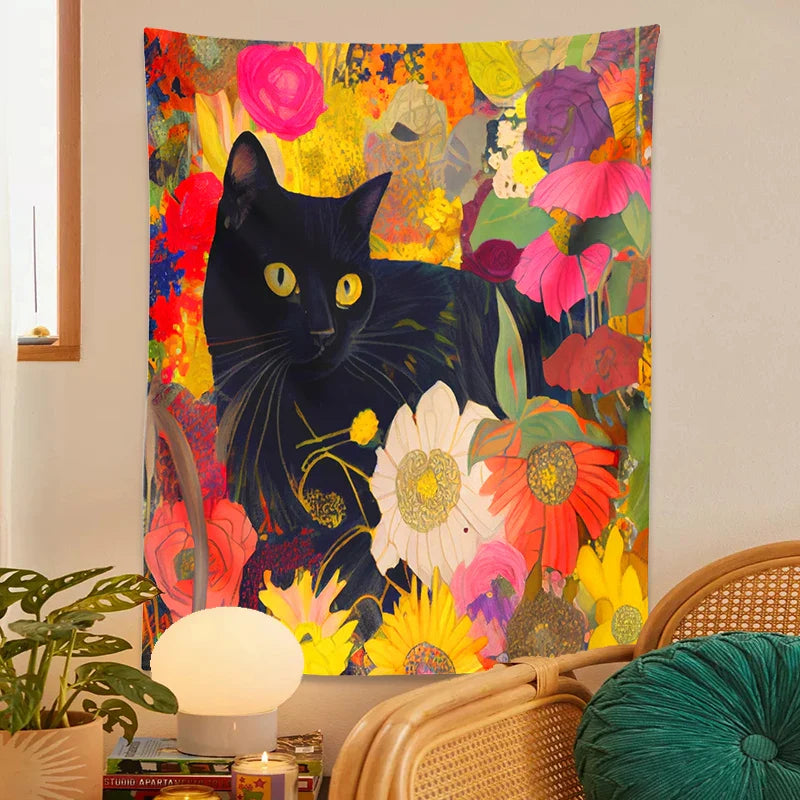 Afralia™ Cat Print Poster: Funny Black Cat in Floral Bouquet - Boho Home Decor