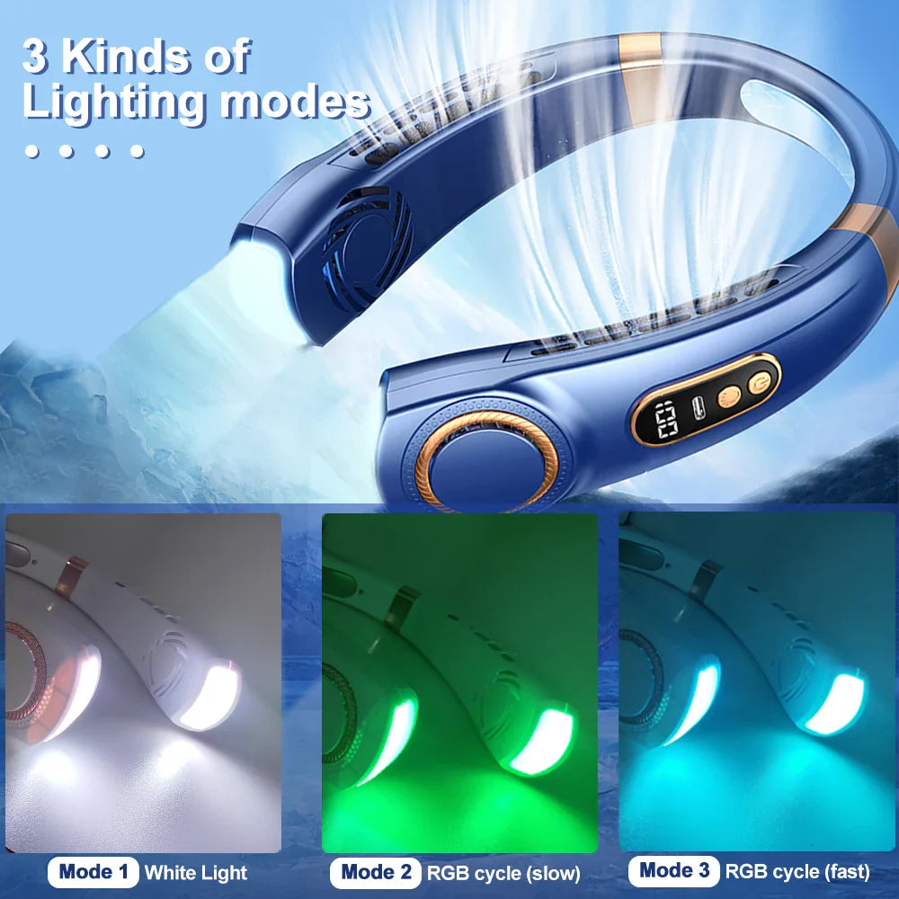 Afralia™ LED Hanging Neck Fan with Colorful Atmosphere Lights, 5th Gear USB Operation