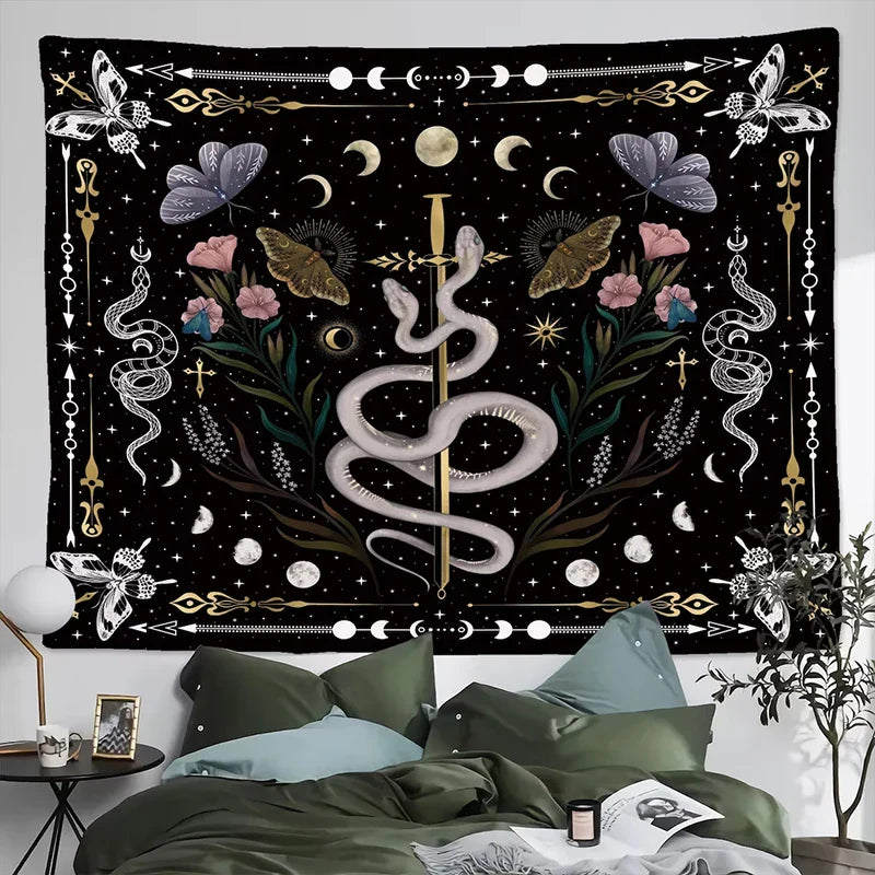 Afralia™ Snake Moon Phase Stars Butterfly Night Psychedelic Mystery Tapestry