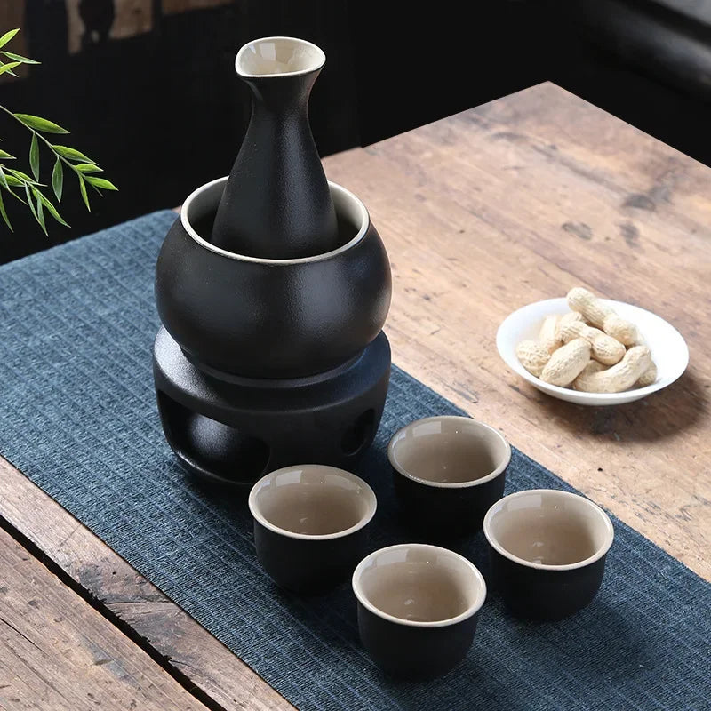 Afralia™ Sake Set: 7-Piece Ceramic Wine Kit with Carafe, Cups, Warmer, and Candle Warmer
