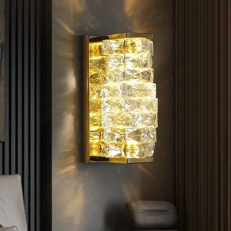 Afralia™ Modern Gold Crystal Wall Sconce LED Lamp for Living Room, Bedroom, TV Background