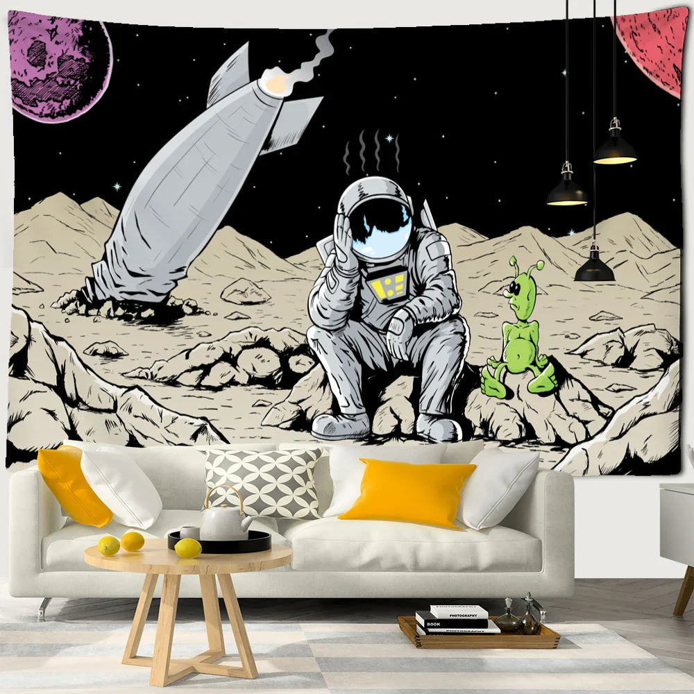 Afralia™ Astronaut Alien Tapestry Wall Hanging Kawaii Universe Mystic Home Decor
