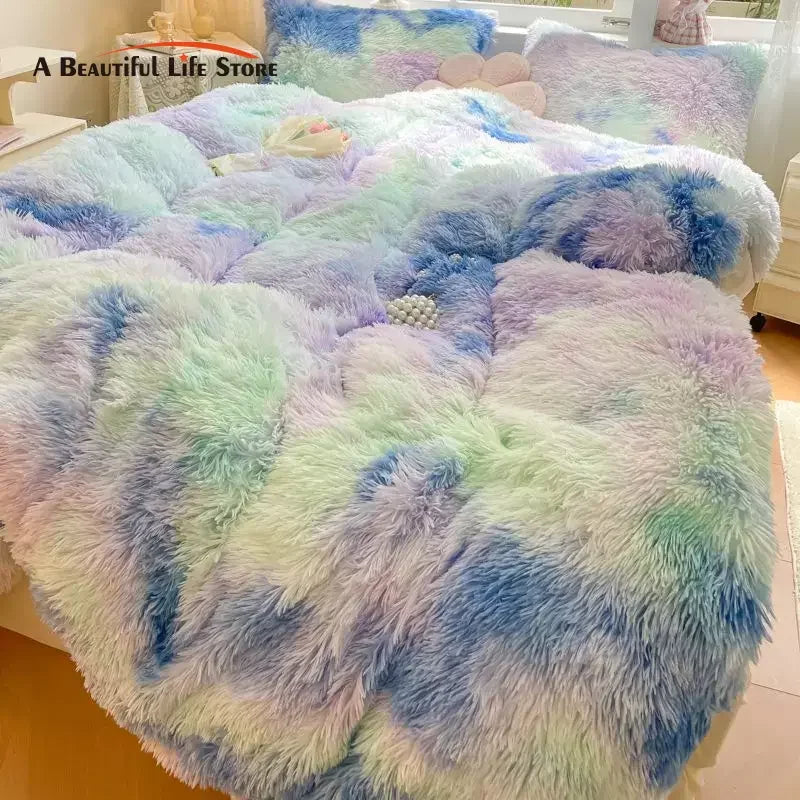 Afralia™ Shaggy Faux Rabbit Fur Bedding Set: Cozy Gradient Coral Fleece Quilt, Duvet Cover, Pillowcases