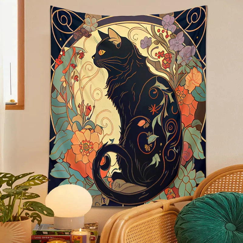 Afralia™ Black Cat Tapestry Wall Hanging - Psychedelic Floral Art for Cat Lovers