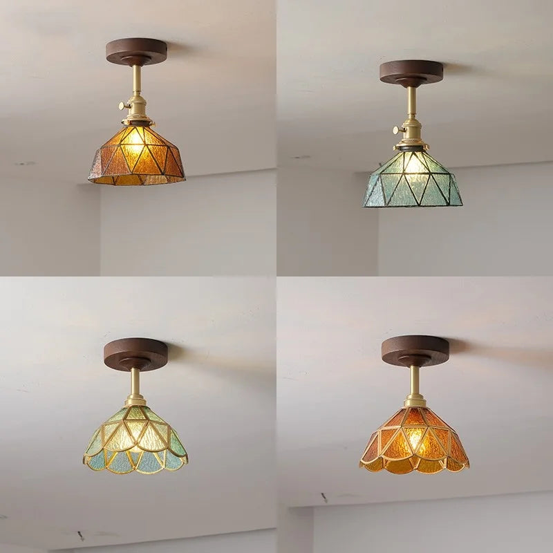 Afralia™ Amber Glass LED Ceiling Light Modern Wood Canopy Kids Room Fixture