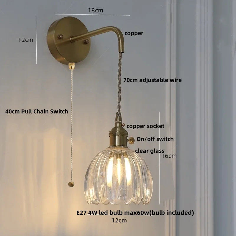 Afralia™ Glass & Copper Green Flower LED Wall Sconce with Pull Chain