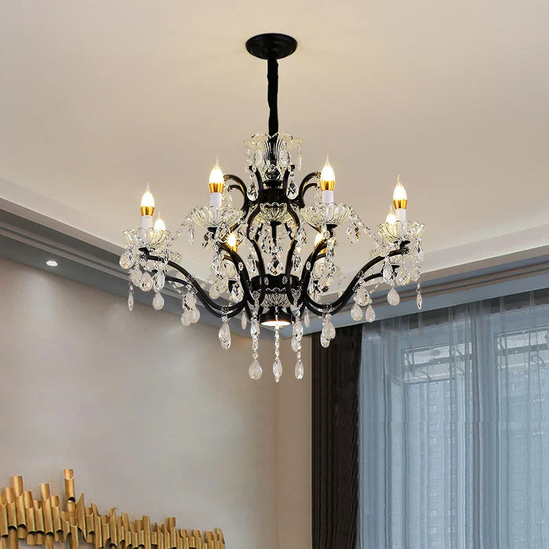 Afralia™ Crystal Candle Chandelier Lighting: Black Pendant Lamps for Dining Kitchen & Farmhouse