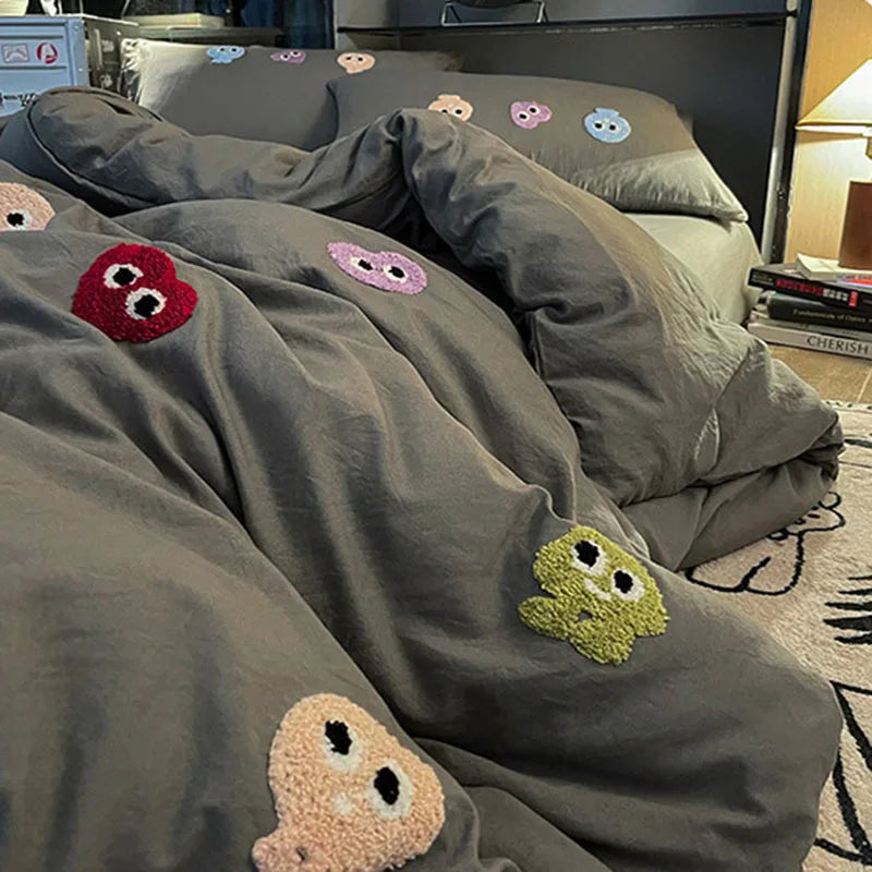 Afralia™ Cotton Cartoon Towel Embroidery Bedding Set: Quilt Cover, Bed Sheet, Pillowcases