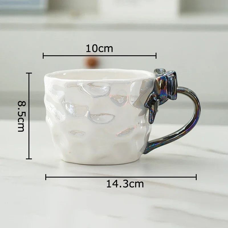 Afralia™ Bowknot Handle Porcelain Coffee Mug Set - Pearl Glazed Tea Cup Juice Cup
