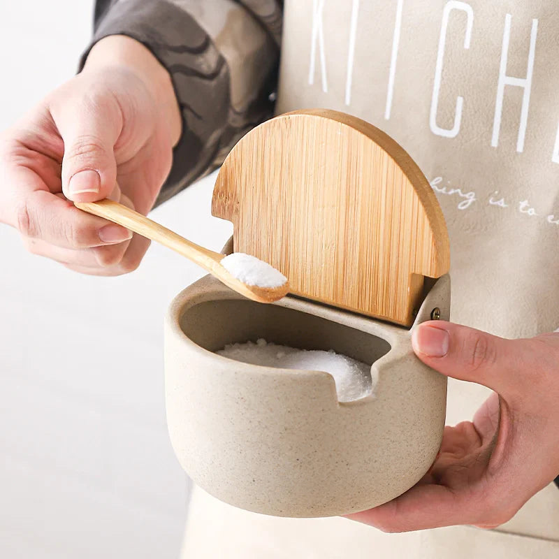 Afralia™ Ceramic Seasoning Jar Set with Bamboo Lid and Spoon