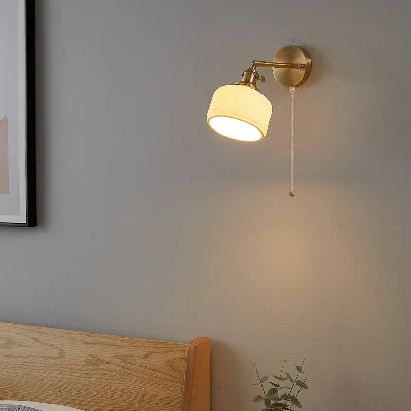 Afralia™ Copper LED Wall Lights Pull Chain Switch Bedside Lamp - Modern Nordic Design
