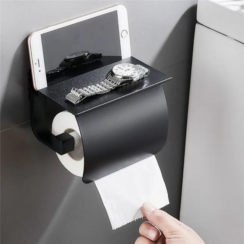 Afralia™ Black Toilet Paper Holder with Silver Phone Storage Shelf