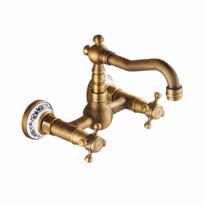Afralia™ Brass Ceramic Wall Mount Faucet for Bathroom Washbasin - Double Handle Cold Hot Water