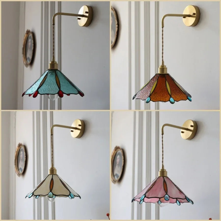 Afralia™ Tiffany Yellow Glass Wall Light Sconce with Pull Chain - Bedroom Balcony LED Fixture