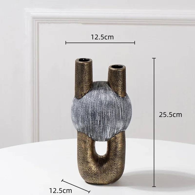 Afralia™ Golden Stripe Geometric Ceramic Vase - Abstract Floral Arrangement Home Decor