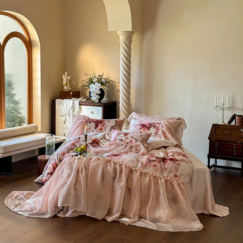 Afralia™ Romantic Rose Organza Lace Ruffles Bedding Set with Soft Silky Feel