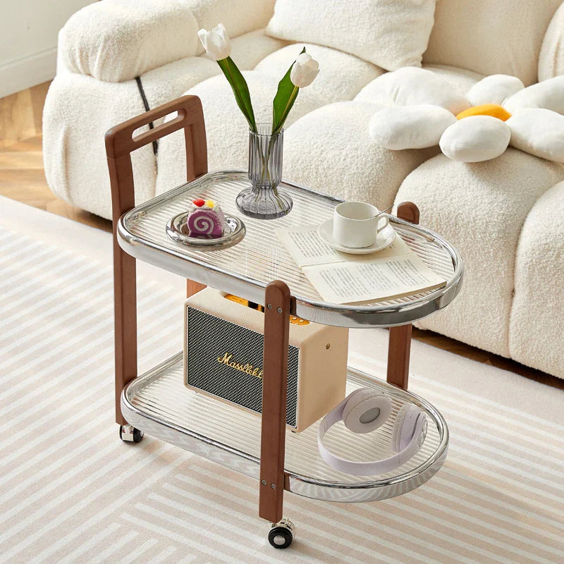 Afralia™ Nordic Wood End Table with Glass Top & Movable Trolley - Multifunctional Storage Rack
