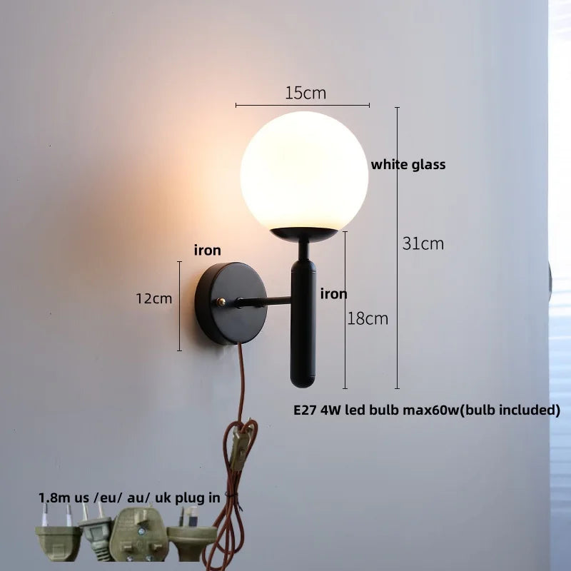 Afralia™ Modern Black Iron LED Wall Light with Pull Chain Switch & White Glass