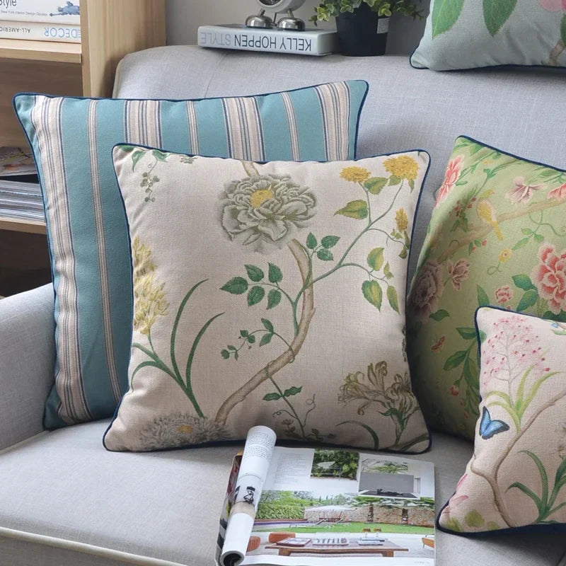 Afralia™ Velvet & Linen Floral Cushion Cover Shabby Chic Pink Green 45x45cm