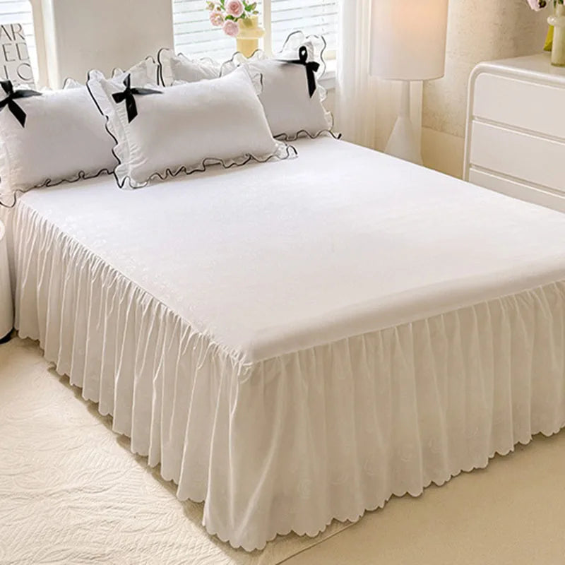 Afralia™ Lace Bow Bed Skirt Bedding Set in Romantic Solid Color for King Queen Double Sizes