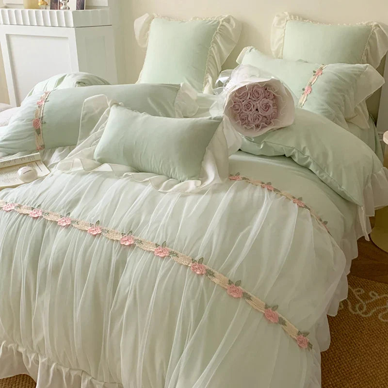 Afralia™ Pink French Princess Lace Ruffles Bedding Set with Pillowcases & Bed Sheet