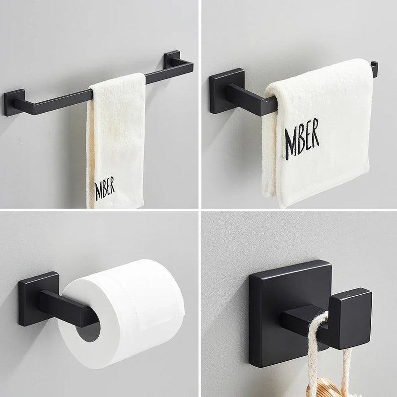 Afralia™ Black Stainless Steel Bathroom Accessories Set: Towel Bar, Paper Holder, Hook & Bath Rack