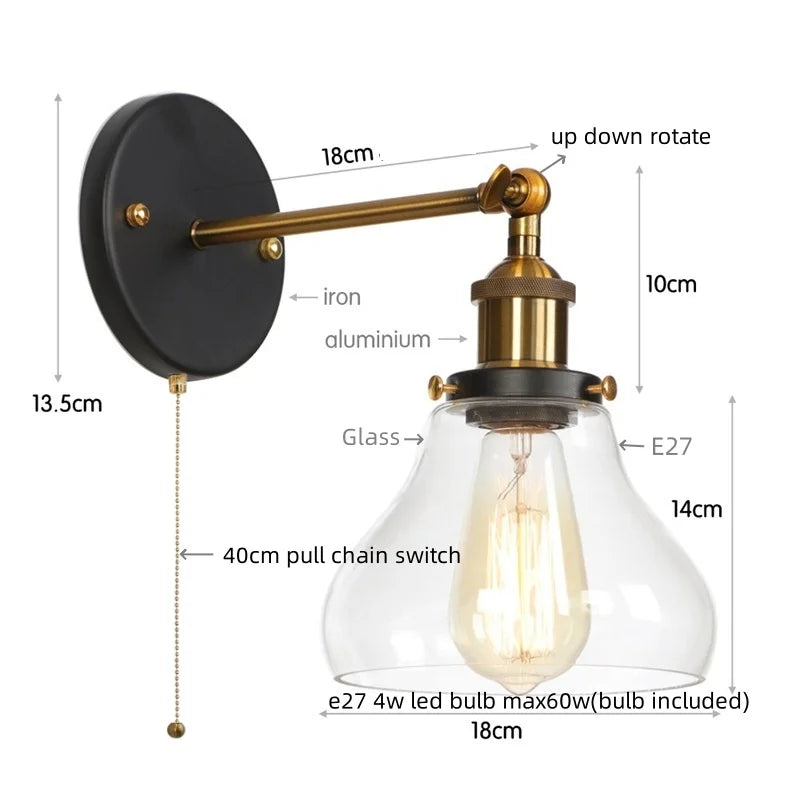 Afralia™ Red Bronze LED Wall Lamp with Pull Chain Switch and Clear Glass