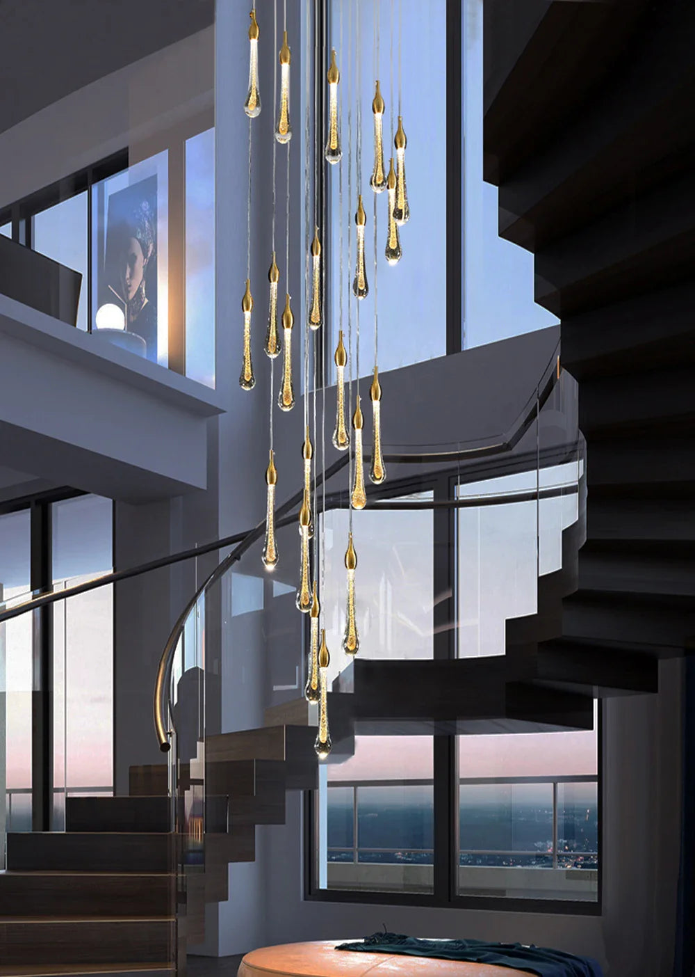 Afralia™ Water Drop LED Gold Chandelier for High Ceiling, Staircase Lighting