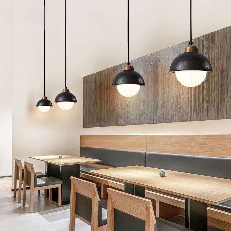 Afralia™ Glass Ball LED Pendant Lights Black Travertine Wabi Sabi Hanging Lamp