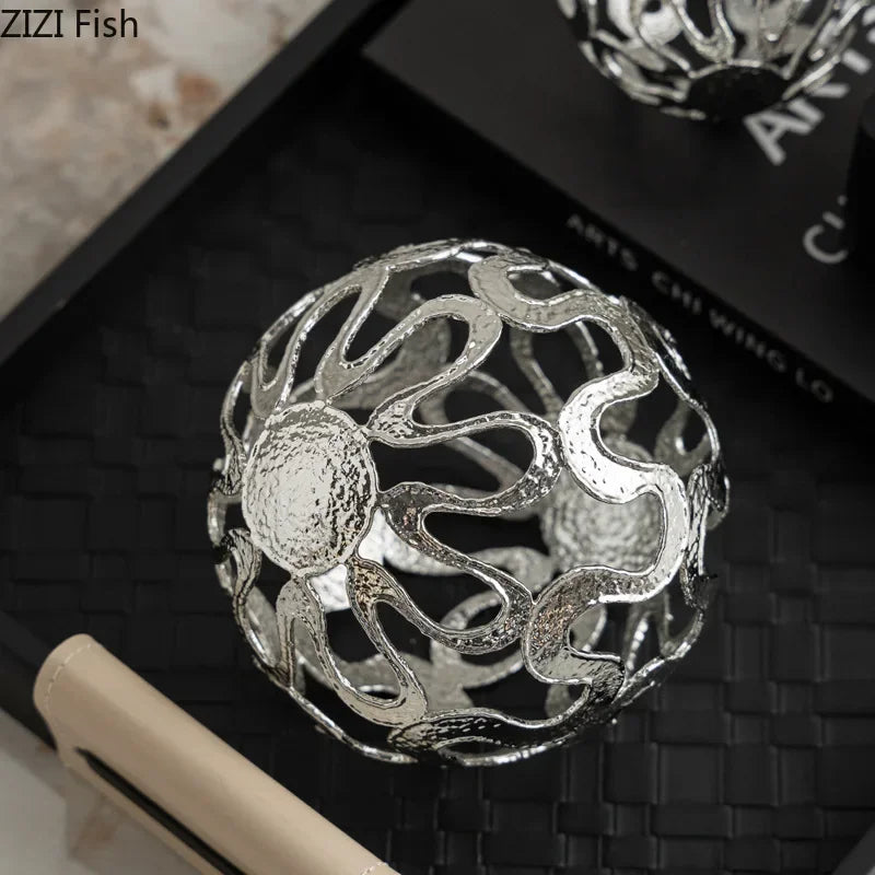 Afralia™ Silver Ball Metal Ornaments, Geometric Desk Decoration, Abstract Room Decor Craft