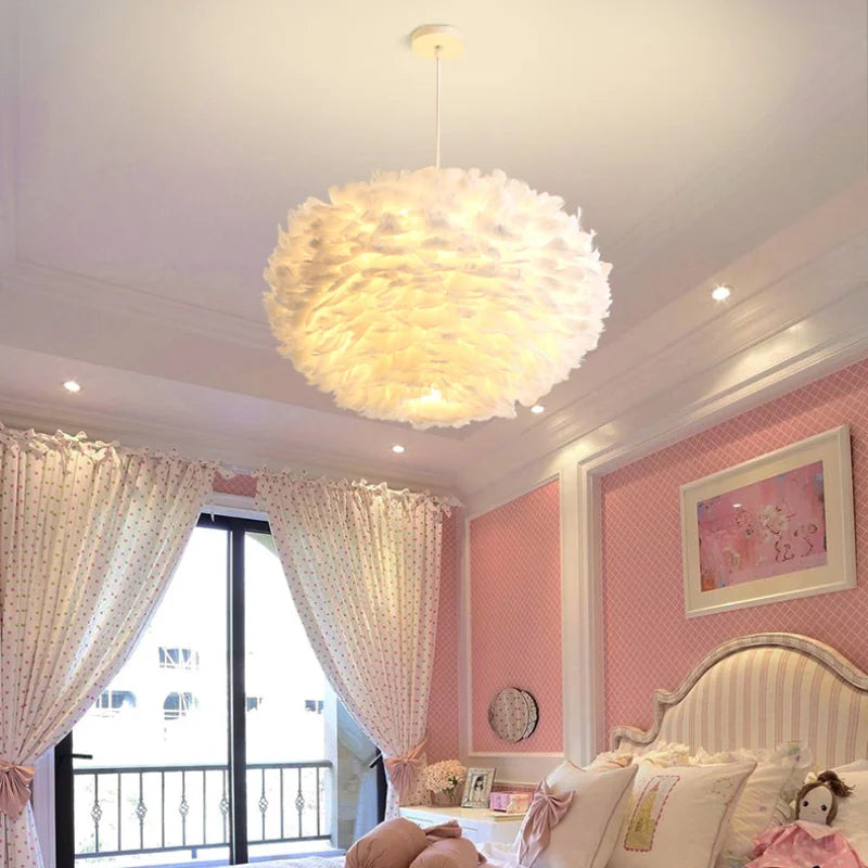 Afralia™ Nordic LED Feather Pendant Chandelier for Princess Bedroom, Home Decor-Romatic Art