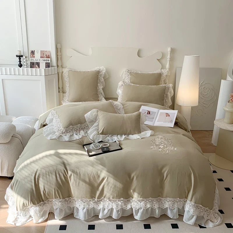 Afralia™ Matcha Green French Chiffon Lace Queen Bedding Set with Ruffles & Embroidery