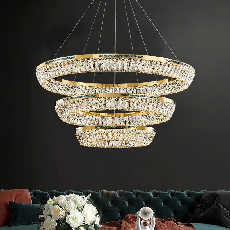 Afralia™ Copper Crystal Pendant Light: Modern Three Layers Ring Chandelier for Home Living Room