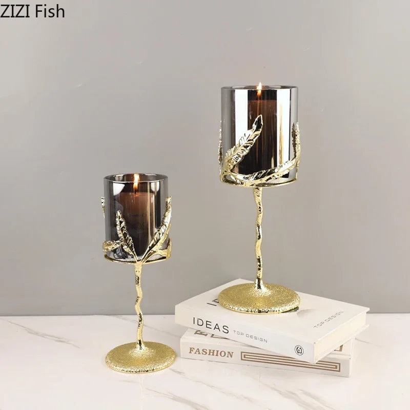 Afralia™ Golden Branches Candle Holders Metal Glass Candlestick Aroma Container