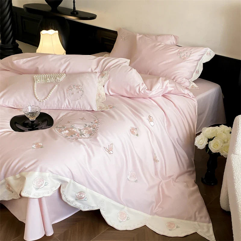 Afralia™ Rose Butterfly Embroidery Curved Edge Bedding Set: Duvet Cover, Sheet Set, Pillowcases