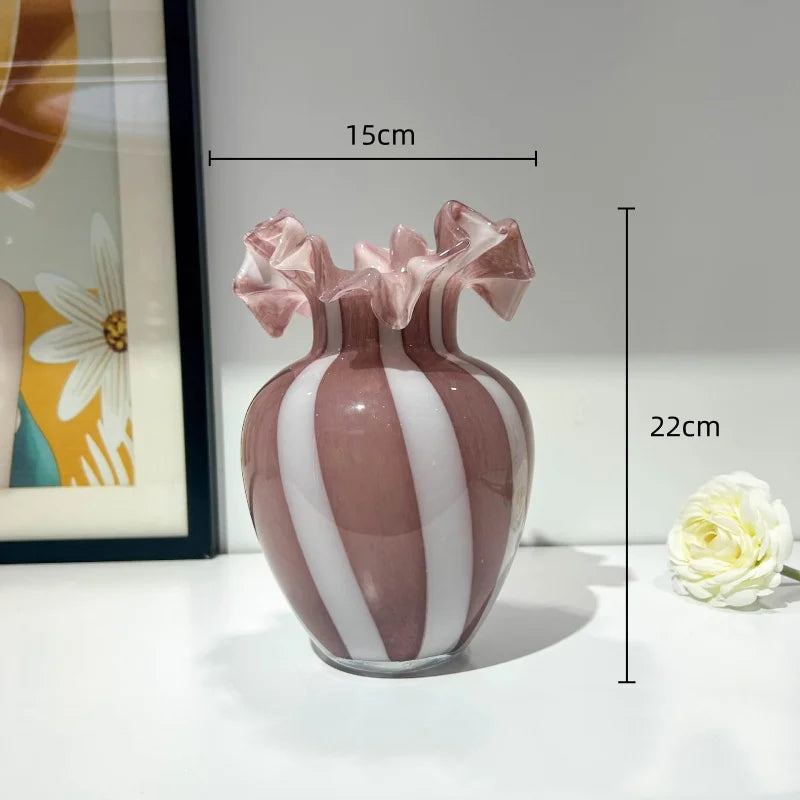 Afralia™ Striped Glass Vase Wavy Edge Flower Pot Terrarium Room Decoration