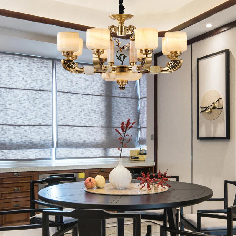 Afralia™ Luxury Chinese Style Copper Jade Living Room Chandelier