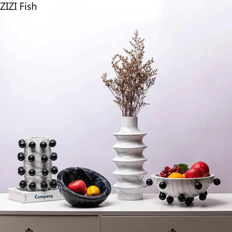 Afralia™ Marble Pattern Vase with Artificial Flowers for Desk Decoration and Home Display