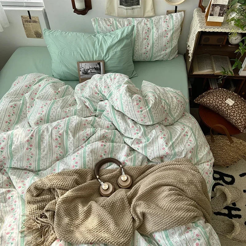 Afralia™ Cute Cartoon Washed Cotton 4-Piece Bedding Set for Spring Soft Skin-Friendly Sheets