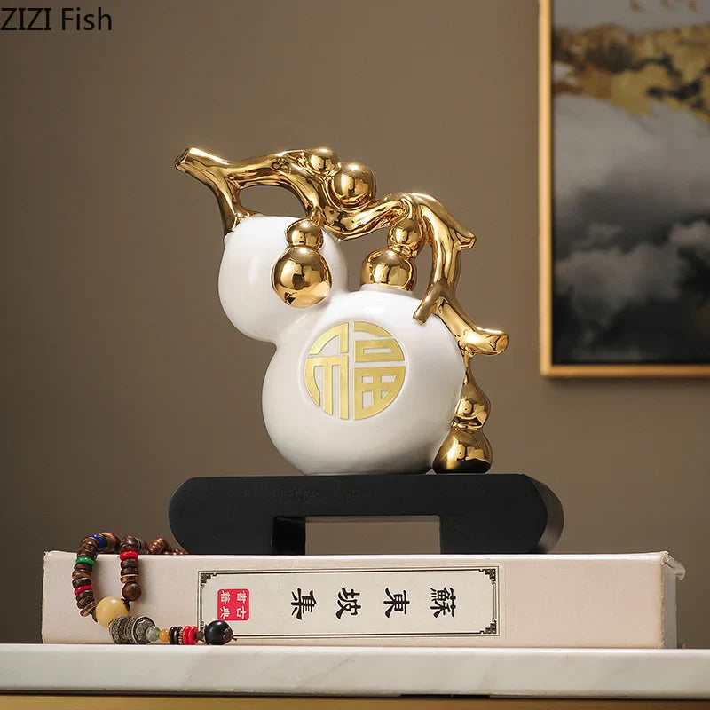 Afralia™ Golden Gourd Ceramic Sculpture - Modern Art Room Decor