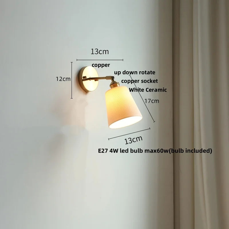 Afralia™ Copper Wall Light Fixture Bedroom Bedside Sconce White Ceramic Lamp