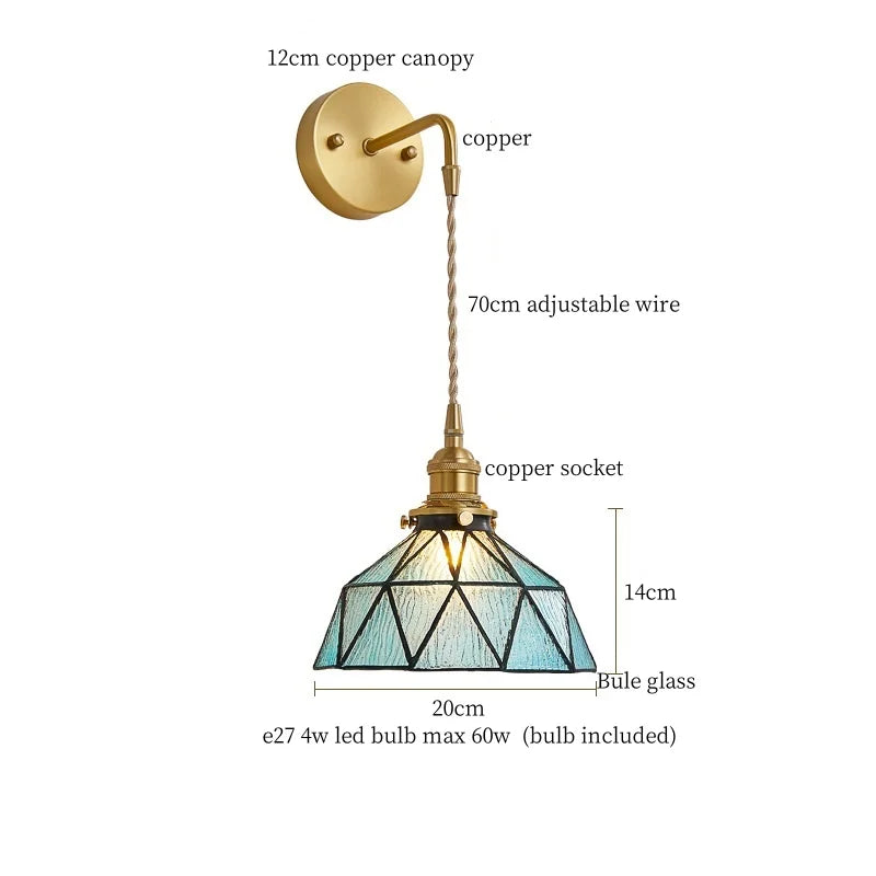 Afralia™ Tiffany Glass LED Wall Lamp Pull Chain Switch Vintage Copper Wall Lights