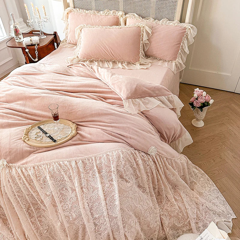 Afralia™ French Lace Ruffles Princess Wedding Bedding Set, Velvet Fleece Duvet Cover Set