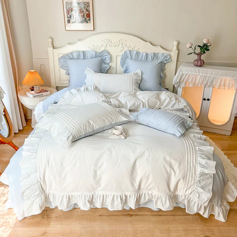 Afralia™ Pink Korean Princess Pleat Ruffles Cotton Bedding Set - 3/4Pcs