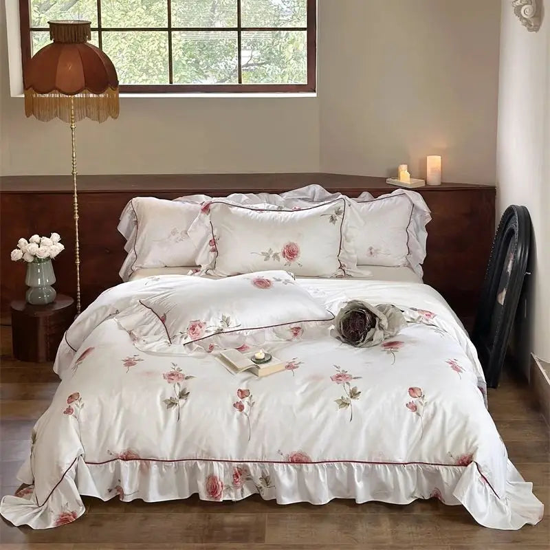Afralia™ French Rose Flowers Print Bedding Set, Elegant Ruffles Princess Collection