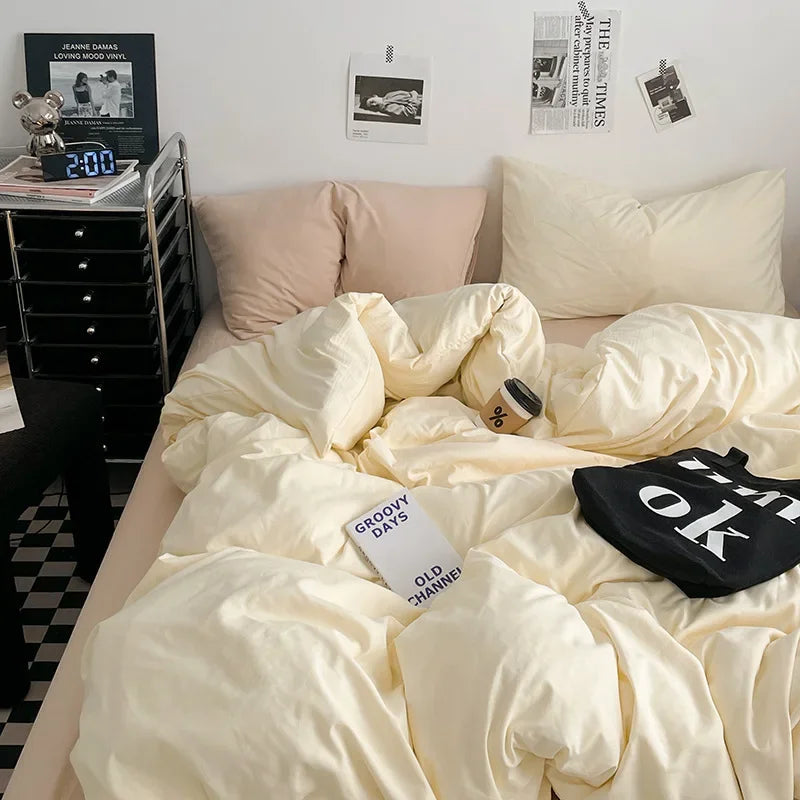 Afralia™ Washed Cotton Bed Set - Soft & Breathable 4-Piece Solid Color Duvet Cover Bed Sheet